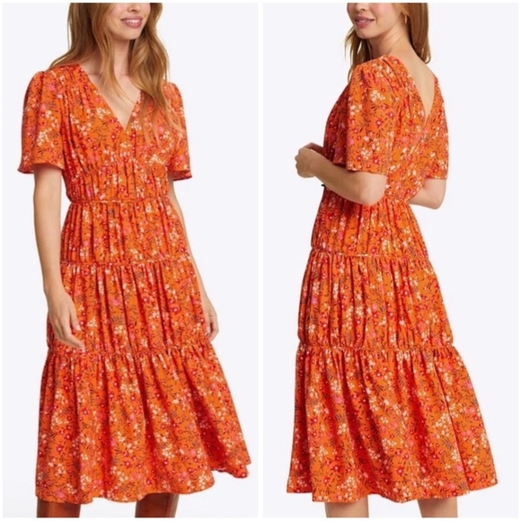 Draper James Dresses & Skirts - Draper James Apricot Orange Pansy Floral Margo Flutter Sleeve Midi Dress NWT 12
